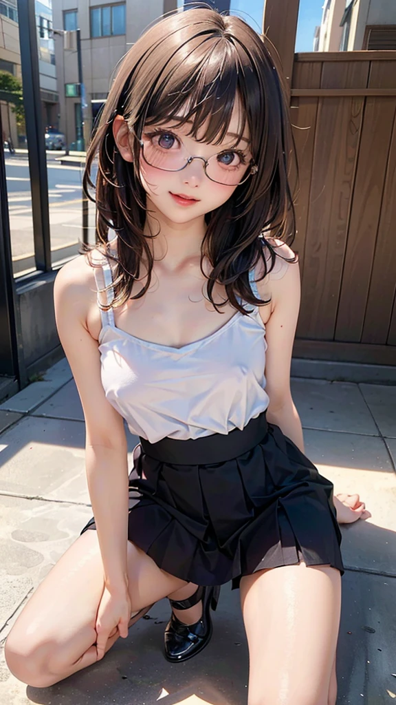 独奏, Hi-Def, Best Quality, very high image quality, ultra hyper-detailed, ultra realisitic, photographrealistic, Intelligent beauty, Glasses, Big green eyes, green long bob cut, pink bra and , light brown cardigan, flare mini skirt, Black panty hight heels, アニメ, Illustration, Portrait