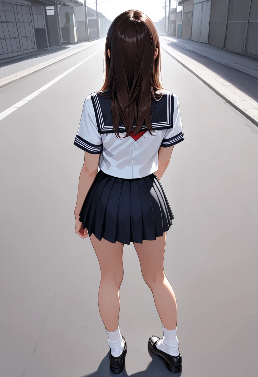 One Girl、blush、Embarrassed look、Perfect Anatomy、Short Bob、Small breasts、(((White student sailor uniform、Dark navy blue pleated student mini skirt、Black knee socks)))、((Hair tousled by the wind、Messy Hair、Broken hairstyle))、(((The wind blows up my skirt:1.3、White panties、Cute ass)))、Pay attention to the butt、Professional Lighting, Film Grain, chromatic aberration, (Eye and facial details:1.0), (Bokeh:1.1)、software:1.5)))、 Highest quality, 8k, 20talent