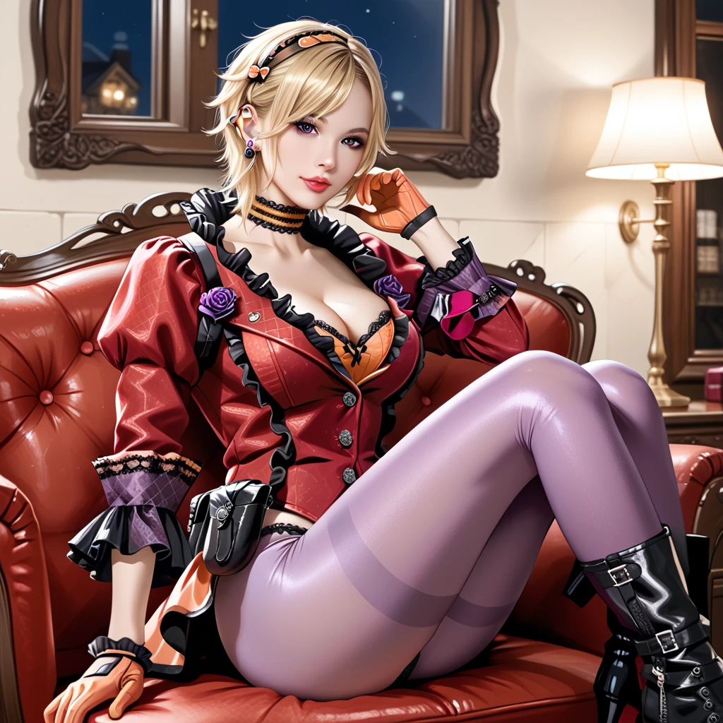 sorceress, sitting, boots, fishnet stockings, mini skirt, rebel, pink panties, blonde hair, blue robe