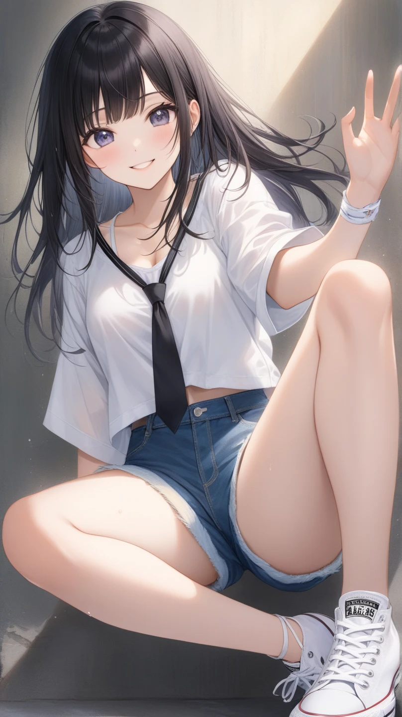 16k works,Highest quality,18-year-old,No background.White background only,whole body、sexy, One person, Beautiful Face,, Symmetrical eyes, Perfect body, Good balance、 Perfect body、Split, Long Hair, White sleeveless tank top，Blue Denim Shorts、sit