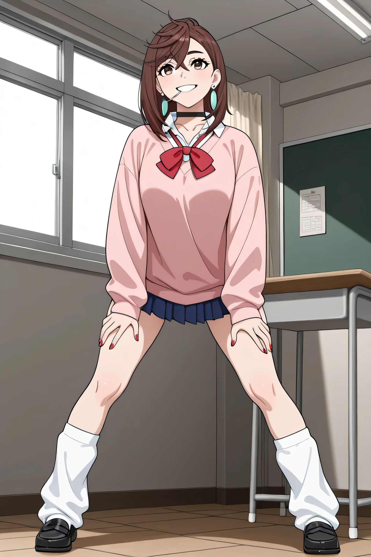 cartoon, masterpiece, best quality, realistic, extreme detail,volumetric lighting, 8k, detailed face, young woman,standing outside lifitng skirt,freckles, asymmetrical blunt_bangs, black hair, long hair, sanpaku_eyes, freckels,teeth, ((green eyes)), small breasts, solo, from below, pov,(school uniform, serafuku, blue blazer (plaid skirt)), pink panties, cameltoe, tie, elevator, buttons, elevator controls,