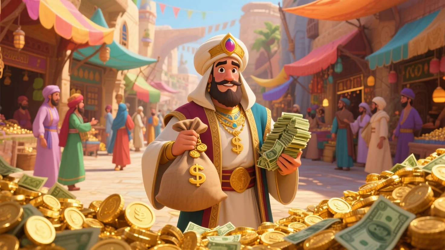 Animated image of a Muslim man who is overjoyed because he is rolling in gold with his family