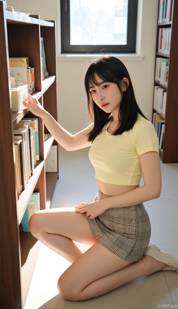 30-year-old woman with、(hi-top fade:1.3)、length hair、Dark theme、Soothing tones、Subdued Color、highly contrast、(natural skin textures、Hyper-Realism、Soft light、sharp)、Capture the serene beauty of a young woman immersed in the peaceful atmosphere of the library。Soft diffused lighting gently illuminates her features、Emphasis on her delicate expression、Creates a quiet atmosphere。Library shelves full of books、Provides a background of knowledge and wisdom。Focus on capturing the natural charm and elegance of models、Maintains the essence of calm and reflective moments。Lovely 21-year-old Japan gravure model with soft, wavy gray-brown hair adorned with ribbons、You will be captivated with a seductive look。(White blouse with ruffles、Blue skirt with ruffles、I'm wearing white ankle socks with ruffles。skirt lift by yourself、All Nude、Pubic hair is visible、Standing in front of a bookshelf、Exudes a melancholic charm)、Create a scene where beauty and ephemerality intertwine。