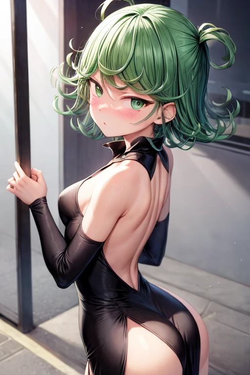 (high res, 8K, masterpiece, looking at viewer, best quality, very aesthetic, ultra detailed, ultra background, ultra Eyes) intricate details, 1girl, Tatsumaki, Black Bunny Suit, Stockings, Green Short hair, Green Eyes, Two finger pose, Smile Face, Cheeks Flushed, Perverted Face, Background The Bar, Cinematic Angle