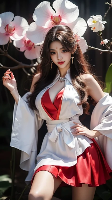 beautiful girl,sexy,white hair,Wearing a red kimono with bare shoulders,sexy post ,In the middle of the deep forest