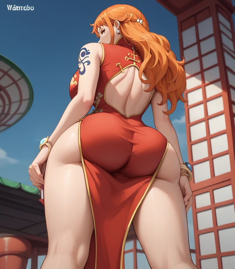score_9, score_8_up, score_7_up, source_anime, best quality, clear face, Nami, orange hair, orange eyes, long hair, large breasts, perfect body, looking at viewer, smile, china dress, red clothes, in the beach, standing, dynamic angle, from behind, big ass, low angle