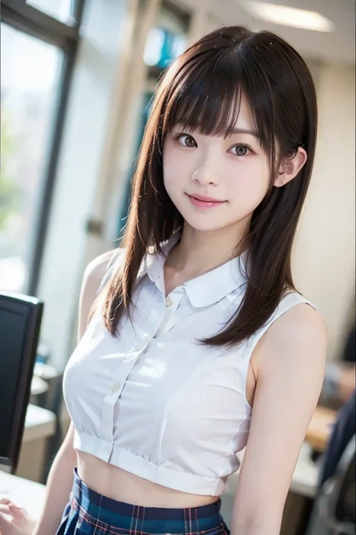 Browsing Caution, Best image quality, 8K, high quality, masterpiece:1.2), ((masterpiece)), (High detail, high quality, Best image quality), Bokeh, Depth of written boundary, Cute round face, Portraiture, (Cute illustrations:1.2), (Perfectly Balanced Anatomy), Sexy woman sitting in office、Sleeveless shirt、Armpits are visible、Black Pantyhose、Angle from below, very cute, Sapphire Kawashima Embarrassed, smile, Playing classical guitar