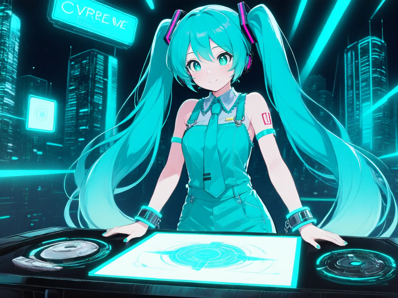 Hatsune Miku DJing、Bikini、The background is a beautiful night view