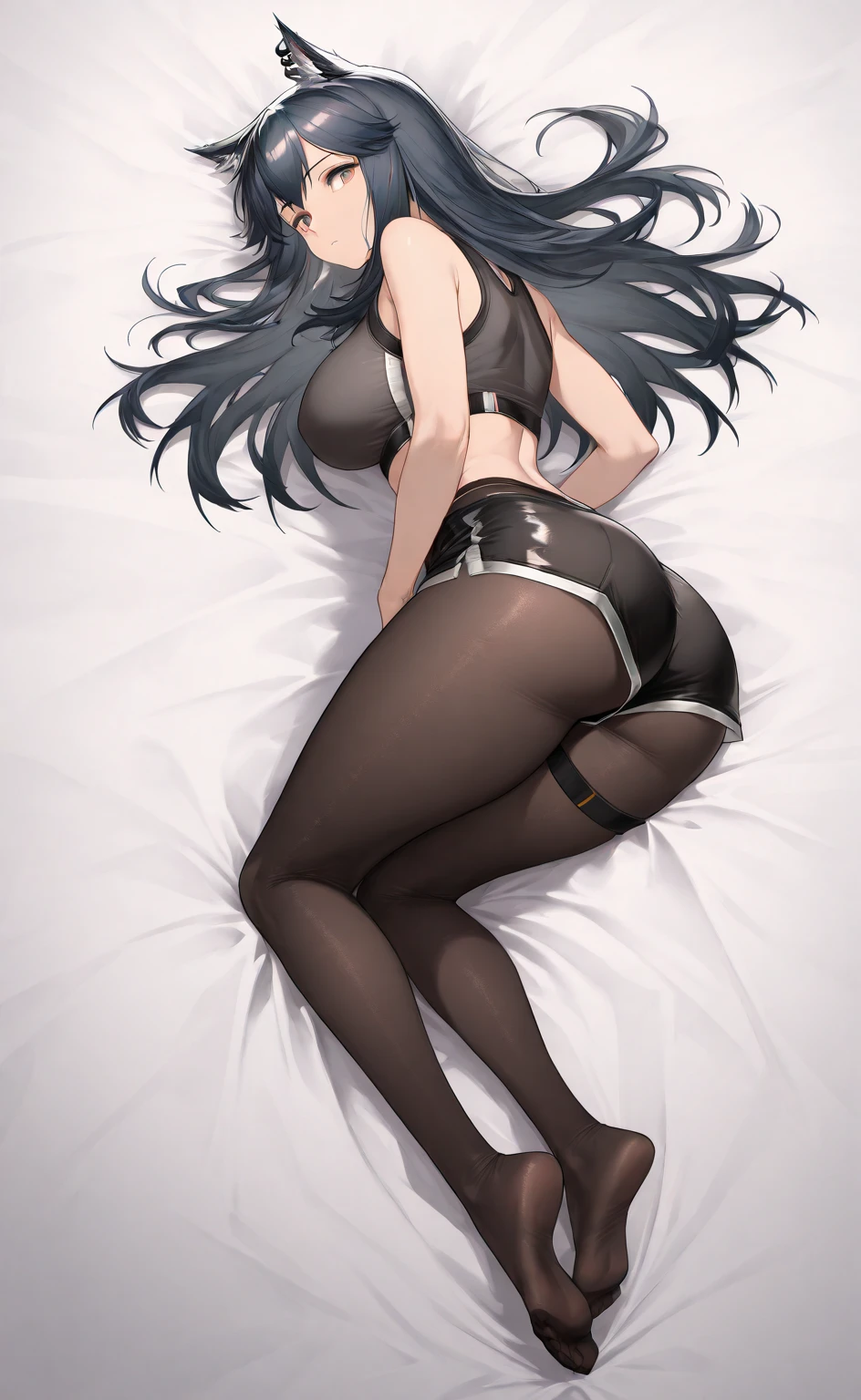 1 girl, bare shoulders, black hair, medium breasts, (muscular legs), muscular belly, wide hips, thin waist, (((clock eyes))), (wearing a very short and sexy bikini), finger to mouth, ( ((in the motel room))), full body, hair band, (with her back to me showing me her big ass), heterochromia, index finger raised, black high heel shoes, ta hair band, long hair, red eyes, smiling, only, symbol-shaped pupils, (Kurumi tokisaki), (twintails), yellow eyes,