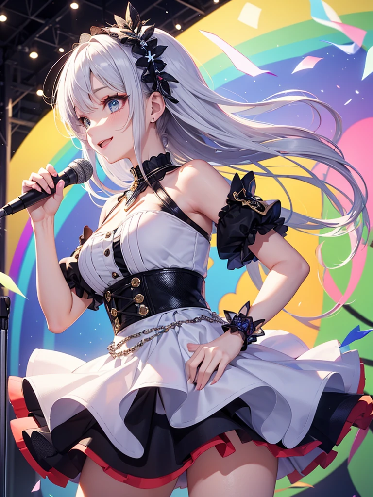 Illustration, cinematic light, high resolution, best quality, ultra detailed, detailed face, (detailed eyes), highest quality, super detailed, masterpiece, (detailed face), pretty face, best smile, sexy mature woman transparent (white and red goth loli costume: 1.5), ultra detailed embroidery, cloth, choker, open cloth, NSFW, high heels, blue eyes, neon small shiny hair ends, D cup, cleavage, AI fantasy concert, shining lighting with neon details, idol, (live stage: 1.15), (holding the microphone with left hand singing: 15), singing with butt sticking out: 5, (in the crowded audience in the background), light reflection, heart-shaped iris, playful eyes, open shoulders, (wet body), small glowing butterfly, hair jewelry, panties, cute string panties with ribbon: 1.5