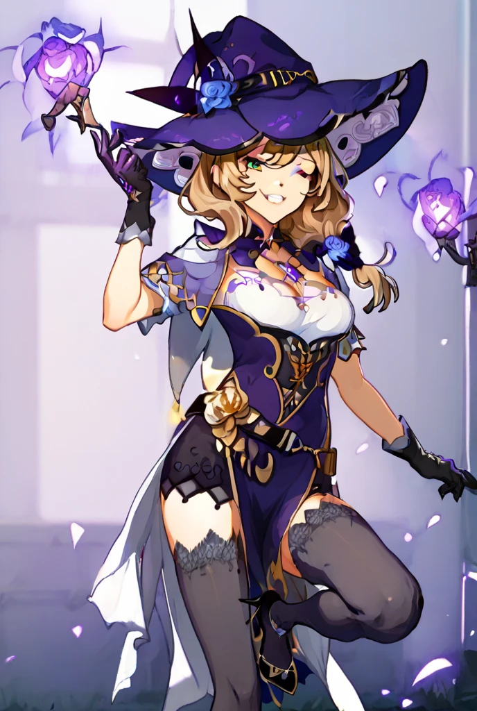 masterpiece, best quality, 1girl, solo, hat, blonde-hair, drill-hair, gloves, breasts, blue-eyes, witch-hat, thigh-boots, thighhighs, boots, elbow-gloves, open-mouth, staff, purple-headwear, smile, dress, full-body, simple-background, cleavage, large-breasts, looking-at-viewer, purple-dress, very-long-hair, purple-gloves, holding, purple-footwear, wand standing-on-one-leg, twin-drills, holding-staff, witch, black-footwear, puffy-sleeves
