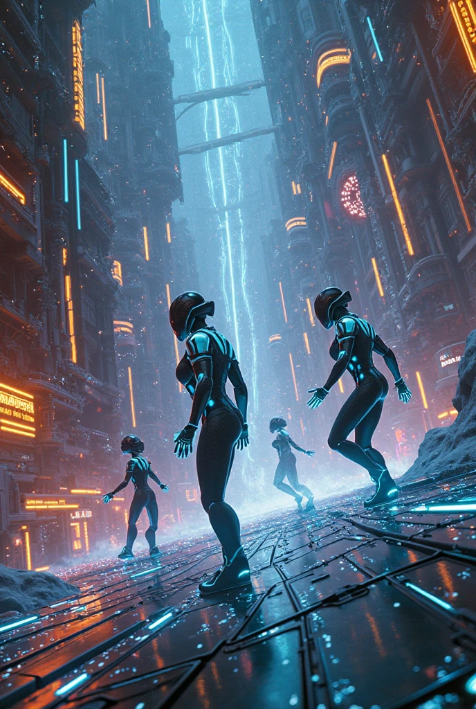 (Ultra detailed), cyberpunk, lightning, particles, robots, shot from above, A group of robots is dancing.