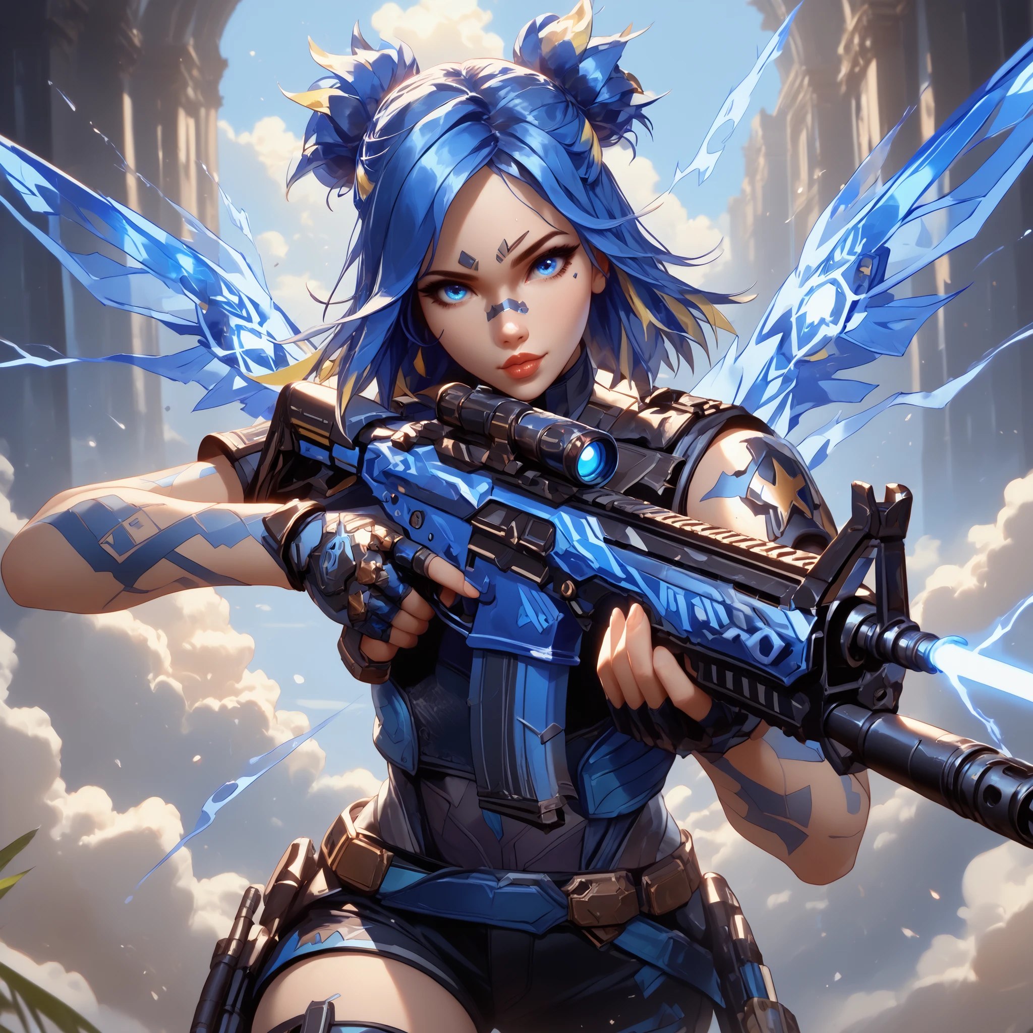 Ultra-detailed, 1 girl, Neon from Valorant, ((masterpiece)), (best quality), (high resolution), 16K, heterochromia (black and blue eyes), blue hair with glowing tips, long stylized hair, neutral lips, electric tattoos on arms, light piercings, wearing futuristic tactical clothes in blue and black, tactical belt, kneepads, tight black shorts, defined legs, athletic hips, (holding an assault rifle), looking at the viewer, confidently smiling, detailed face, hair with electric effects, detailed athletic body
