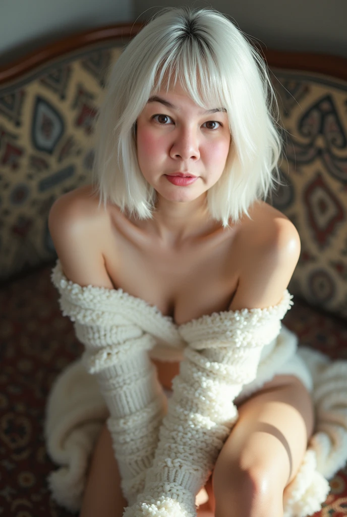 Very large breasts, white hair, beautiful girl, big eyes, naked, full body, sitting, legs spread, crotch spread, showing