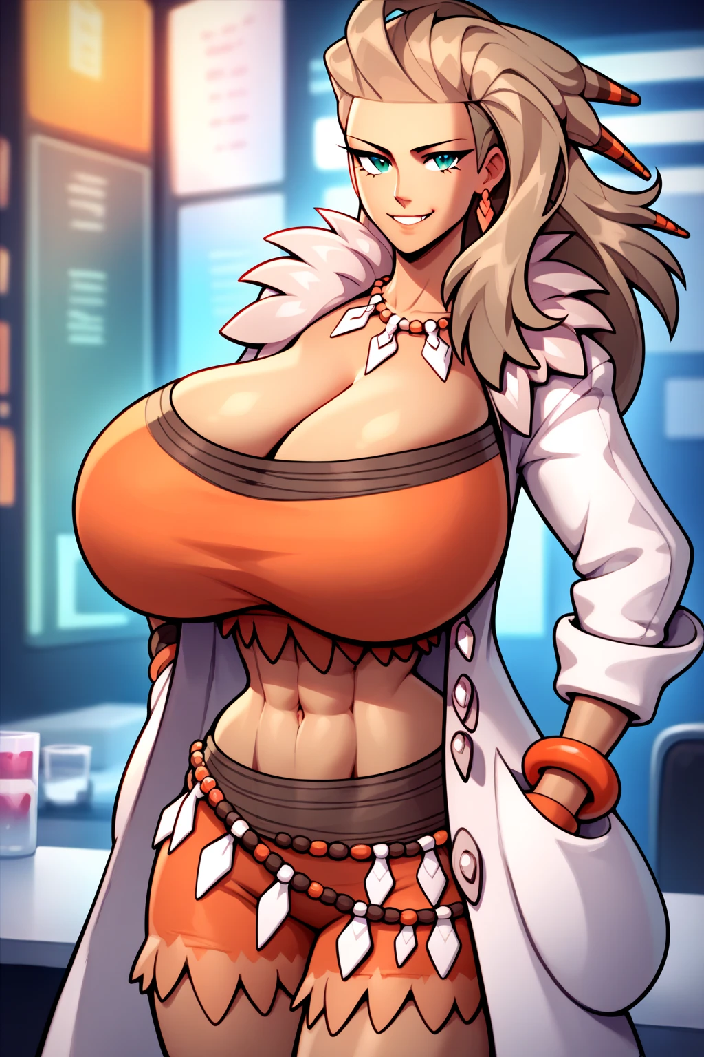 masterpiece, best quality, pkmnSada, tan, hair ornaments, necklace, orange crop top, cleavage, orange shorts, bracelet, orange nails, labcoat, fur trim, long sleeves, looking at viewer, cowboy shot, outdoors, jungle, standing, both hands in coat pockets, strapless, abs, huge breasts, cleavage, bursting out, (BEtorn)