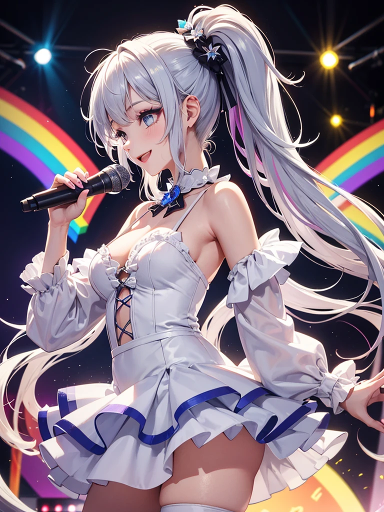 Silver Hair、Blue Eyes、girl、Small breasts、Twin tails、girl、Small breasts、Lolita、Bright smile、Looks about 15 years old、Petan Musume、He is short、目のhighlight、Sexy thighs、Idol、Sing with a microphone、Mine-based costumes、Showing armpits、Your eyes are so beautiful、highlight