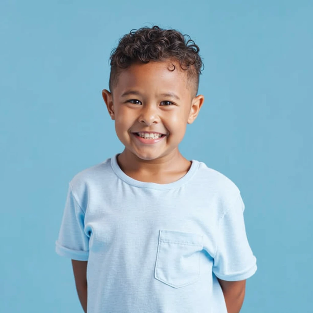 portrait of a boy smiling against a blue background, happily smiling at the camera, with a blue background, smiling into the camera, beautiful and smiling, wearing a light blue shirt, cute boy, cute young man, slight cute smile, young boy, smiling at the camera, smiling for the camera, smiling with confidence, boy has short black hair, mischievous grin