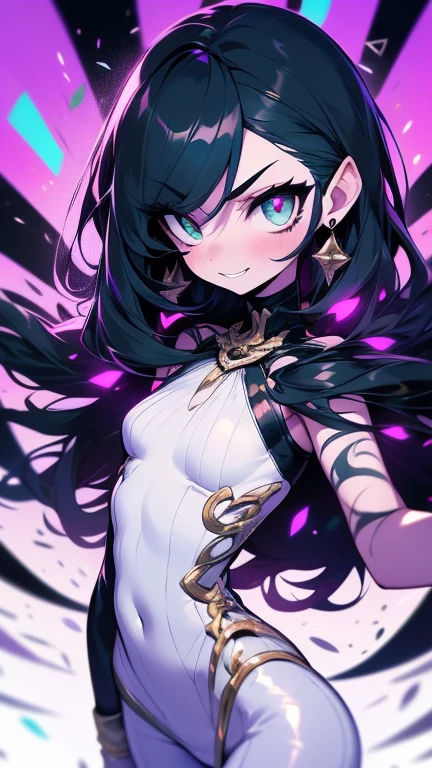 (masterpiece, best quality), ((1girl, (mature female)), (purple hair, long hair, streaked hair, hair ornament, cat ears), (purple eyes, star-shaped pupils, +_+, symbol-shaped pupils, sparkling eyes)), (looking at viewer, light smile, off shoulder), (multicolored background, abstract background, chromatic aberration),