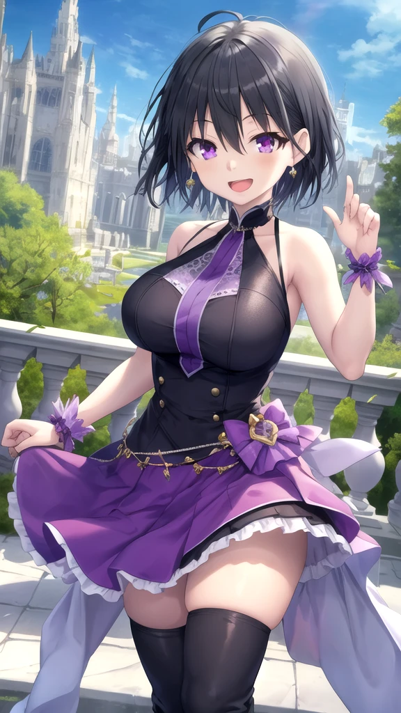 Beautiful young teenager, 1girl, purple hair, blue eyes, extremely short hair, freckles on face, framed eyeglasses, heart shaped choker, happy, smiling, blushing, thick lips, full lips, huge breasts, extreme cleavage, deep cleavage, very thin body, frilly lolita dress, gothic lolita dress, platform high heel boots, cleavage, perfect anatomy, anime convention background, detailed background, ultra-detailed, 4k, 8k, best quality, masterpiece