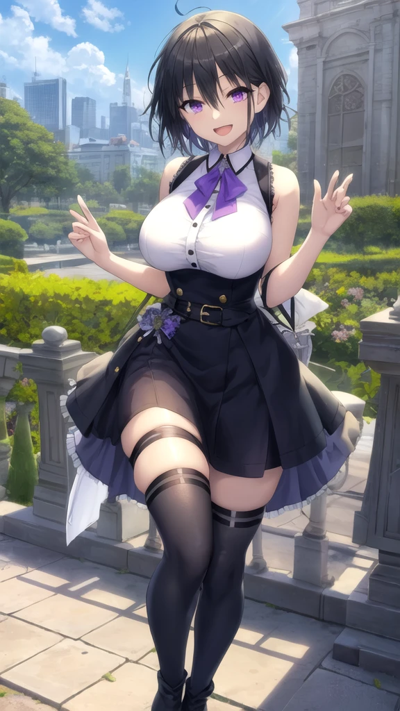 large breasts, tight sensual dress, curly twintails, hair clips, side bangs, purple eyes, dark hair, ultra detailed artwork, walking on stage