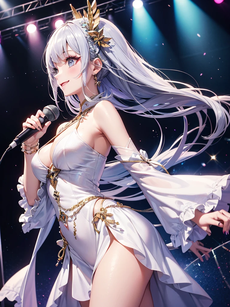 Hairstyle with all hair swept back、Silver hair back、male、Her hair is shoulder-length、Strange Eyealeの左目赤色、male右目青、Increase the wide angle、Clear Eyes、Background white、Rock vocalist、Sing with a microphone、Glittering costumes、Fancy hair accessories、