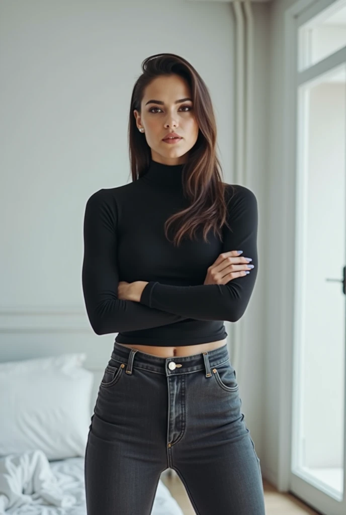 femme arafée en chemise noire et pantalon gris posant sur un lit, une photo d&#39;Adrian Zingg, reddit, arabesque, son nombril est exposé, nombril montrant, poitrine plate, porter un haut court sexy, Haut noir, posant dans une chambre, beau ventre, chemise serrée, physique : le plus petit ventre jamais vu