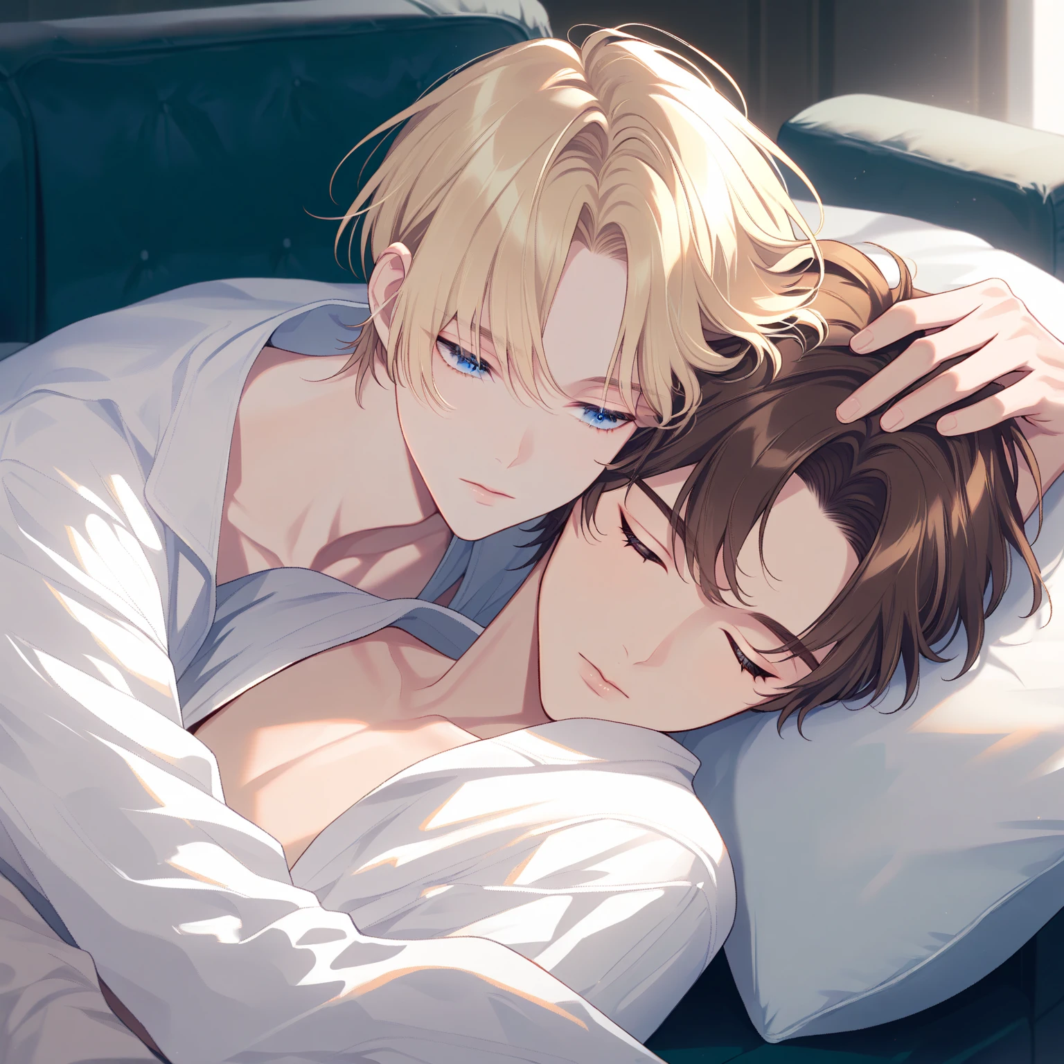 A grown man lying next to a boy, boyfriends, romantic, crying