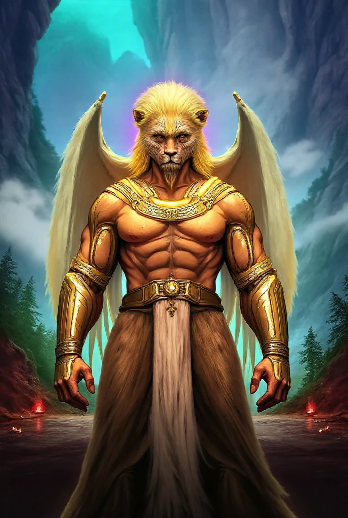 Muscular male, lin-hu, anthro, bulging, (sheath: 1.3), portrait, jeans shirtless, Sanskrit golden wheel behind, golden wings, symmetrical wings, wings with complex patterns, (clear blue pupils: 1.2), golden Sanskrit, kindness, divinity, divine light, holy light, infinite light, magnificent sunset background, gorgeous facial features, beautiful and delicate eyes, complex fur, detailed face, perfect skin texture, extreme detail, full body view, movie lighting, center, looking camera, 8K, maximum focal length, depth of field, perfect lighting, (best quality), (masterpiece), (ultra detail), sharp focus, light particles, jade tiara, flame, moonlight ribbon, dragon core, full body front view, standing scene, translucent, computer graphics art, high resolution, 32K, halo, 3D, blind box toy style, light of God, best quality, ultra hd --AR 16:9 -- niji 5 50 , --s 2