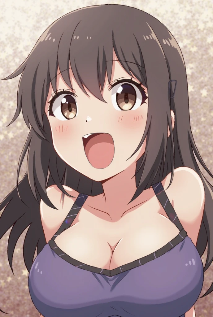 1girl, Long Hair, Black Hair, Earrings, Hair Clip, Multiple Views, Large breasts, Makeup, Heterochromia, Light Blush, Saliva Trail, Moaning, Anime, Masterpiece, Drooling, Rape Face, 