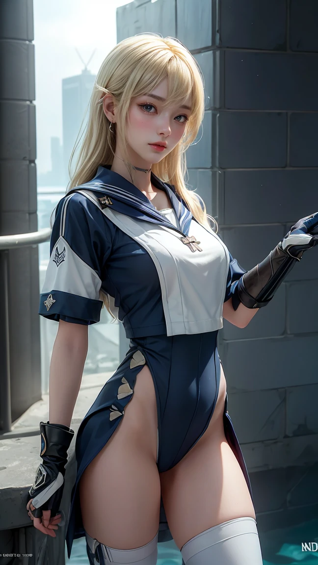 Screenshot My hero Academia.
White hair girl, long, very bright yellow eyes, with a tender look defined hourglass body with freckles, and with the UA uniform long stockings above the knees