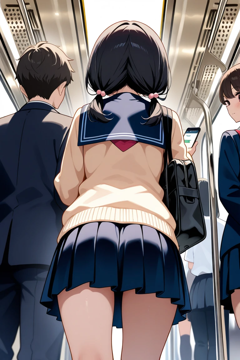 A girl is crying in disgust on a train. She is topless, wearing no underwear, wearing a checkered skirt, has erect nipples, short black hair, small breasts, light pubic hair, and is kneeling. A molester forces his penis into her mouth.