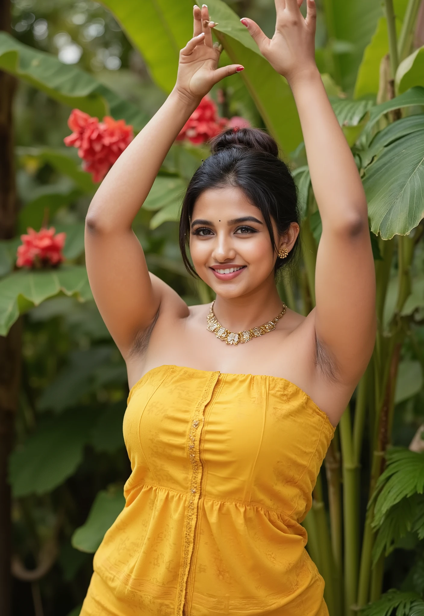 the image is a portrait of a young indian newlyweds woman her figure is curvy, sexy and erotic sensual. posing in a yellow strepless saree bra. she is wearing only strapless bra. remember the bra should be strapless only. she also wearing a gold necklace and earings. the woman has dark hair styled in bun and is looking directly at the camera with a sultry expression. her arms up above the head clasped together just prayer like gesture (namaste) and revealing her dusky hairy armpits. her body is so sensual she showing both her armpits. detailing in armpits. clean armpits, milky inderarms, sexy armpits,lusty armpits, kissable armpits. the background is garden with flowers, butterflies, and tress. the overall mood of image is sensual, erotic, sexy, lusty and elegant image must be taken by dslr 4k quality. high resolution, breast bulge.