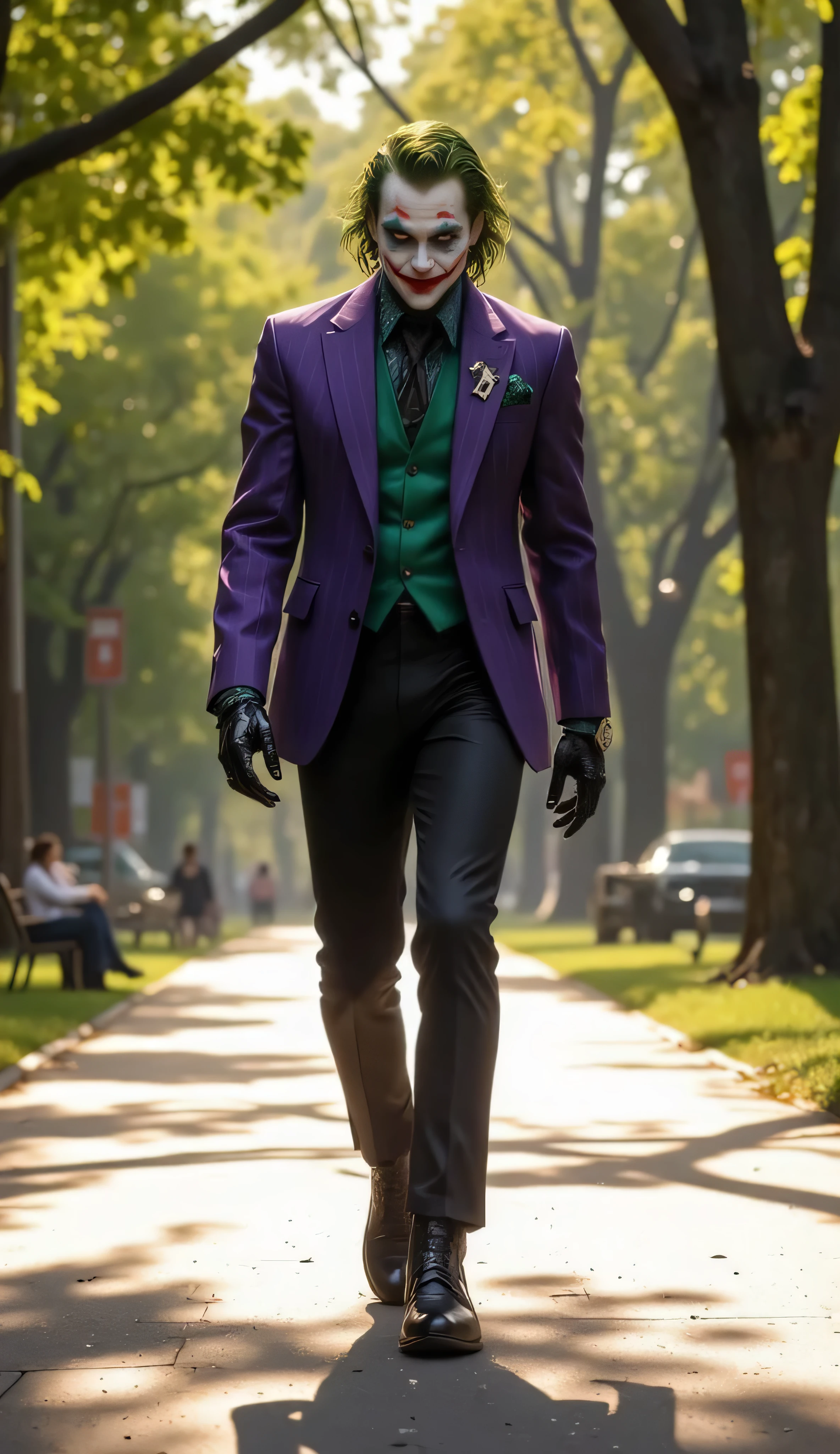 A hyper-realistic, ultra-detailed 8K cinematic image focusing on The Joker walking confidently through a peaceful public park during daytime. He is dressed in a stylish, modernized version of his iconic look — a perfectly tailored deep violet suit jacket with subtle pinstripes, a crisp emerald-green shirt slightly unbuttoned at the top, slim black designer trousers, and polished leather boots. A sleek black tie and a silver tie clip add a touch of elegance. He wears black leather gloves, and a luxury wristwatch peeks from his sleeve. His slicked-back green hair is sharp and refined, his face is perfectly painted with a clean white base, sharp red smile, and bold blue eye shadow. His eyes glint with mischief, and his confident smirk hints at a hidden plan. The sunlight filters through tall trees, casting cinematic shadows on the path. His presence is magnetic — dangerous, stylish, and unforgettable.