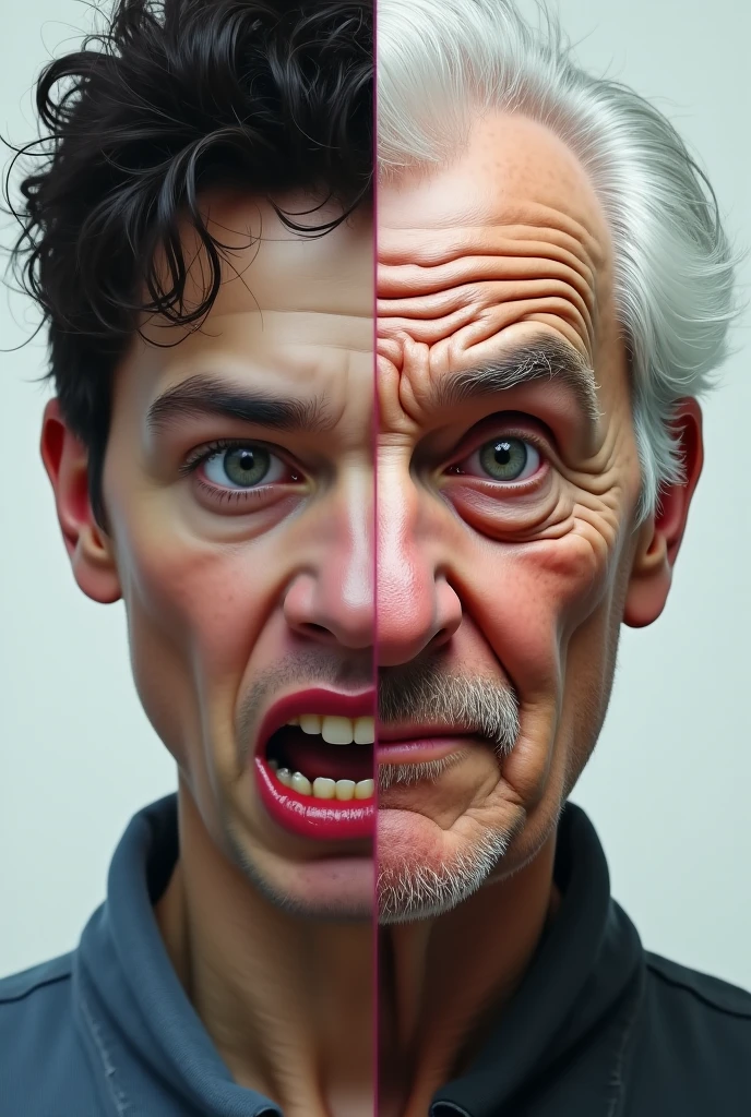 Split screen: one side showing a person with smelly breath, the other showing the same person older, confused, forgetting things, lost expression.