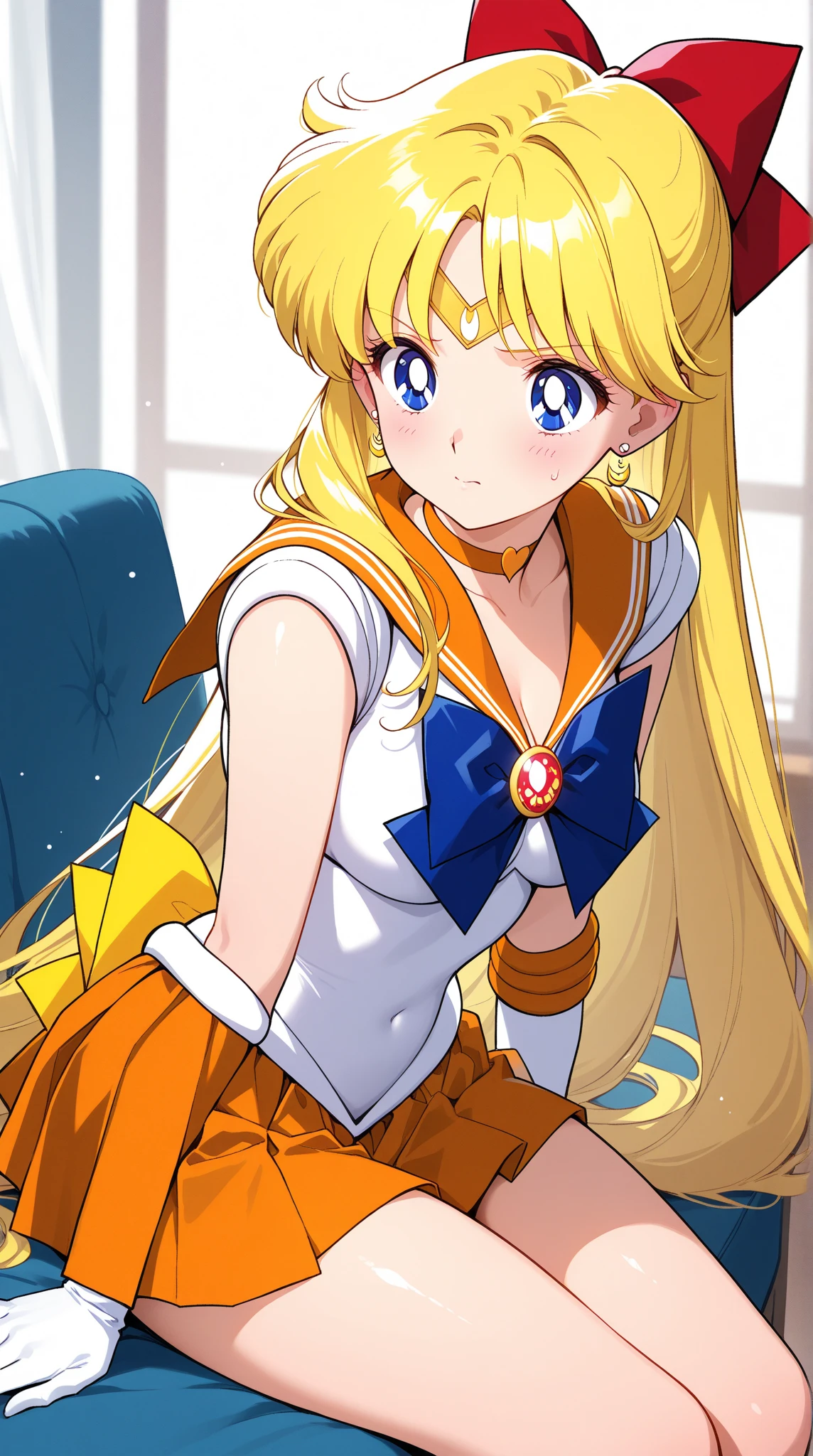 (A superb exquisite Sailor Venus), (Sailor Venus:1.5), (aino minako)、(Sailor Senshi Uniform), (red ribon), blue eyes, Yellow hair, natural straight hair, straight bangs, solo, nature, extremely delicate, straight facial features, peerless beautiful girl, soft, (sensual face), ((ecchi face)), dreamy quality, exaggerated facial features, solid color, frank holly, delicate face, bright lips, slender waist, soft curves, real light and shadow, super fine, 4k, natural moving, Ultra high resolution, (masterpiece:1.2, best quality), (finely detailed beautiful eyes: 1.2), (beautiful detailed face), sexy nude model, sexy pose, (midium chest), (Perfect Body Proportions), (bedroom), Mekosuji, Spread your legs a little and show off your crotch,