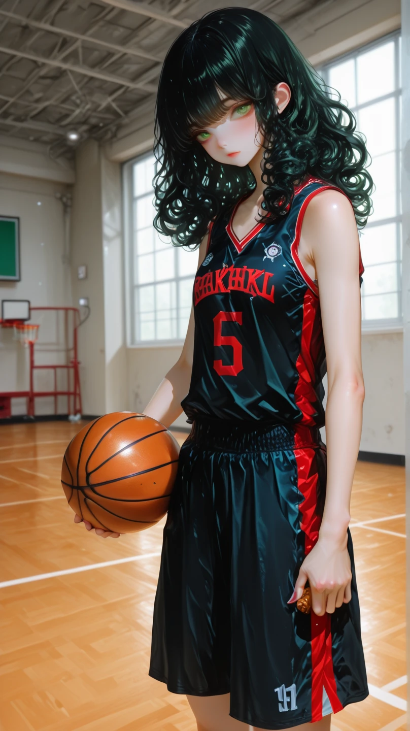 1 girl wearing a basketball uniform, long curly black hair, green eyes, holding a basketball, standing in an indoor basketball court