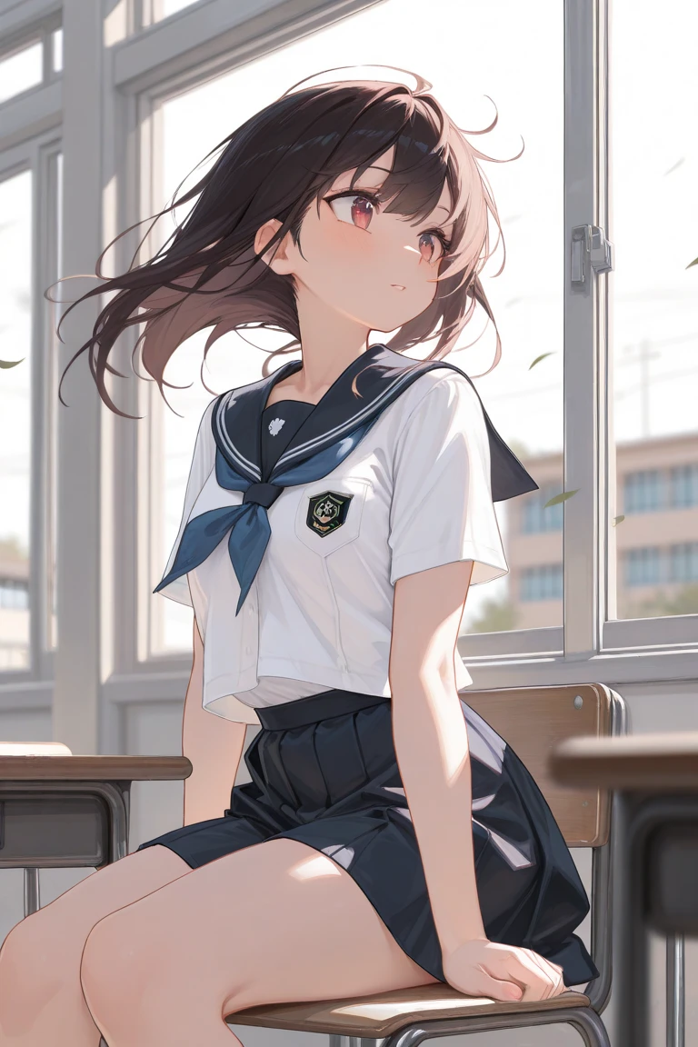 1 girl, split lips, blush, makeup, light smile, school uniform, classroom, school bag, rays of light, shine, thighs, collarbone, narrow waist, (masterpiece), wallpaper,