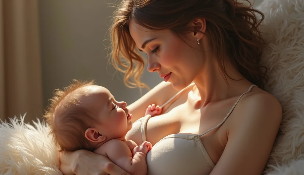((Realistic lighting, Highest quality, 8k, masterpiece)), With one woman1human baby、 Beautiful mother breastfeeding her baby, Almost naked、