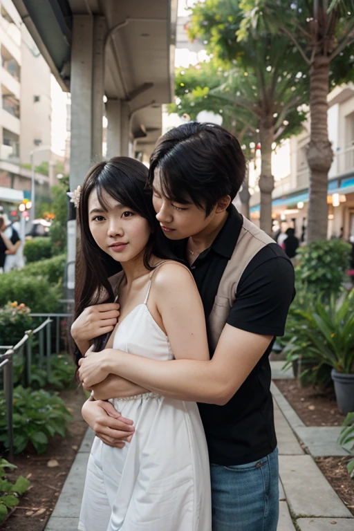 Create an image of an anime couple hugging each other.