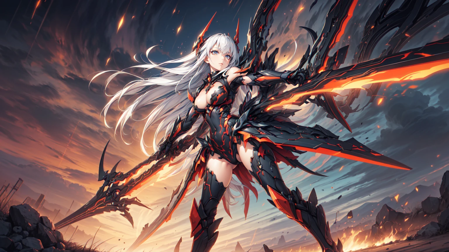 (((masterpiece,Highest quality))),(((A beautiful yet terrifying anime goddess of vengeance, raging in the air with her silver hair standing on end.))),((Laughing like crazy on the battlefield in the storm)),Arms and legs spread,(high quality),アニメ