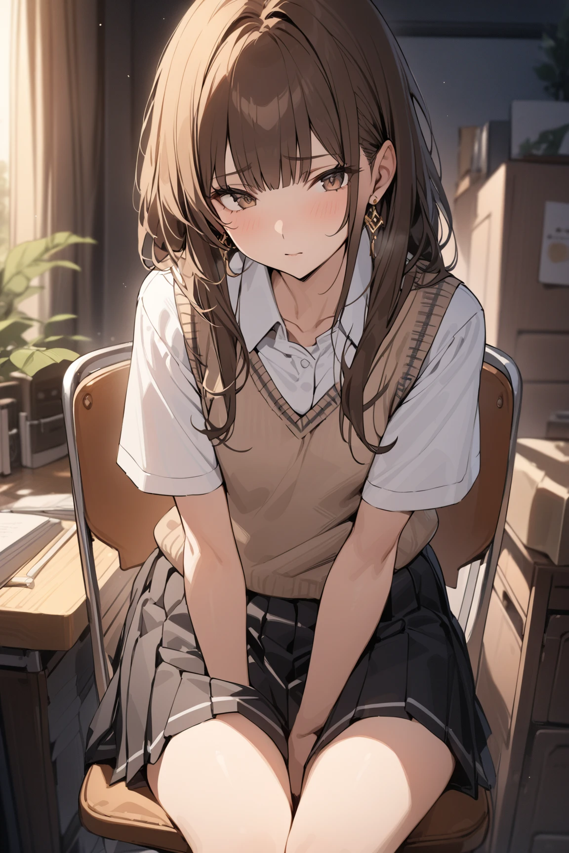 Smooth anime CG art、Focus Only、1 girl、Front view、Upper Body、(((Grey Skirt)))、Sweater vest、Short sleeve、(((Small breasts)))、(((sweat)))、Semi-short hair、(((Sweaty)))、Watery eye、blush、(((Embarrassed look)))、((Open your mouth))、(((Sitting)))、((indoor))、((sofa))
