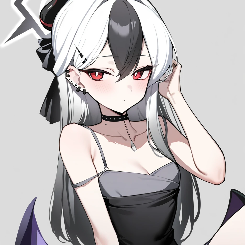 masterpiece,best quality,<lora:kayoko:1>,1girl,kayoko_\(blue_archive\),choker,piercing,red_eyes,multicolored_hair,solo,ear_piercing,halo,horns,white_hair,breasts,looking_at_viewer,black_hair,black_choker,two-tone_hair,cleavage,long_hair,upper_body,bangs,white_background,closed_mouth,simple_background,off_shoulder,long_sleeves,bright_pupils,bare_shoulders,hairclip,jewelry,jacket,hair_ornament,hair_between_eyes,white_pupils,earclip,