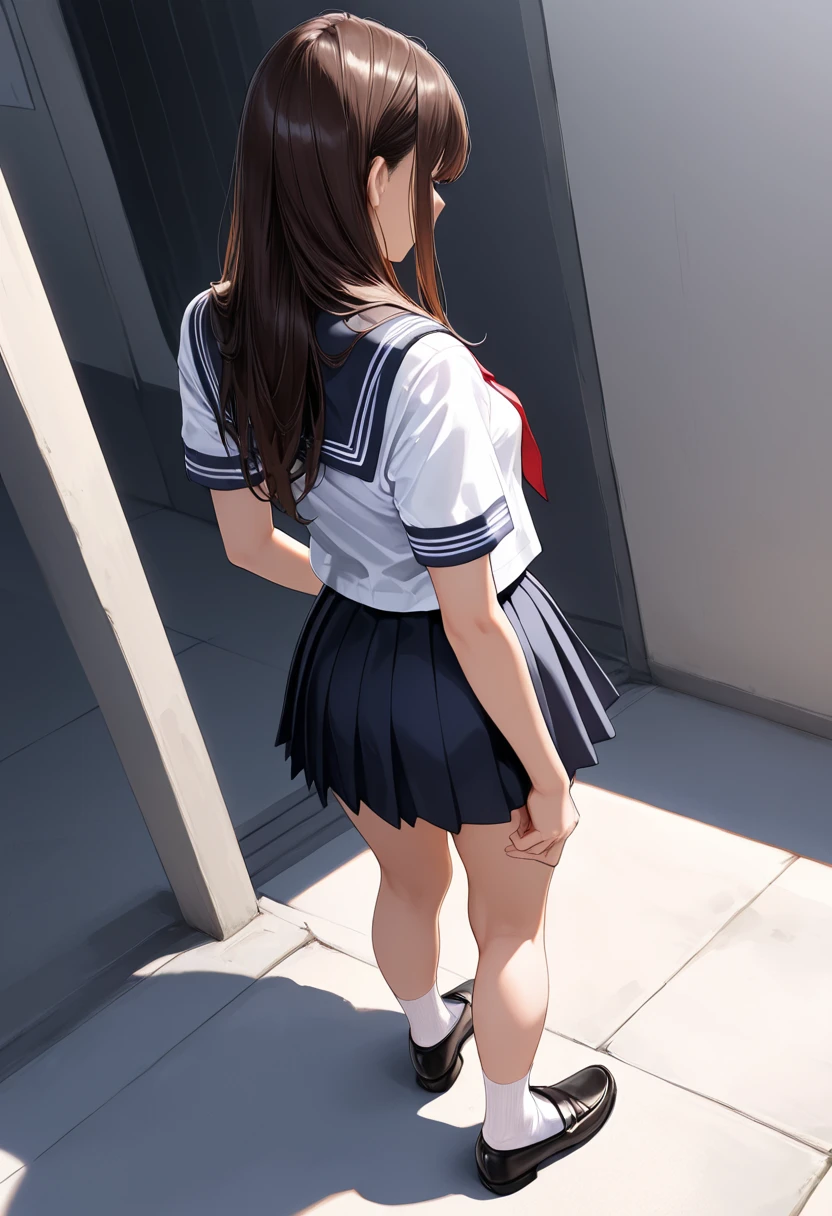 (Masterpiece: 1.3), (Maximum resolution: 1.2), (Ultra HDTV: 1.2), Cinema light, Ultra HDTV, (Detailed eyes and skin), (Detailed facial features), HDR, 8k resolution, Sharp Focus: 1.2, Perfect style, beautiful face, Perfect body, accurate, anatomically correct, highly detailed face and skin texture, detailed eyes, Dark-blue eyes, double eyelids, thin eyebrows, glitter eyeliner: 1.2, natural cheeks, glossy skin, fair skin: 1.2, shiny little necklace and earrings, (glossy lips: 1.4), BREAK, first-person-view, (she is very Cute high school student), (Wearing a Button up shirt, pleated mini skirt, Navy tie, high socks), Red bra slightly visible through the shirt, (seductive smile: 1.2), ((Innocent and Cute girl:1.3)), (side-Ponytail Hairstyle, wavy hair), (Light-brown hair:1.2), medium long hair, (Cowboy shot: 1.2), BREAK, ((Very intimate relationships: 1.2)), medium large breasts, ((Looking at viewer:1.2)), ((In the Outside stairs of the school:1.2)), (from side:1.2),