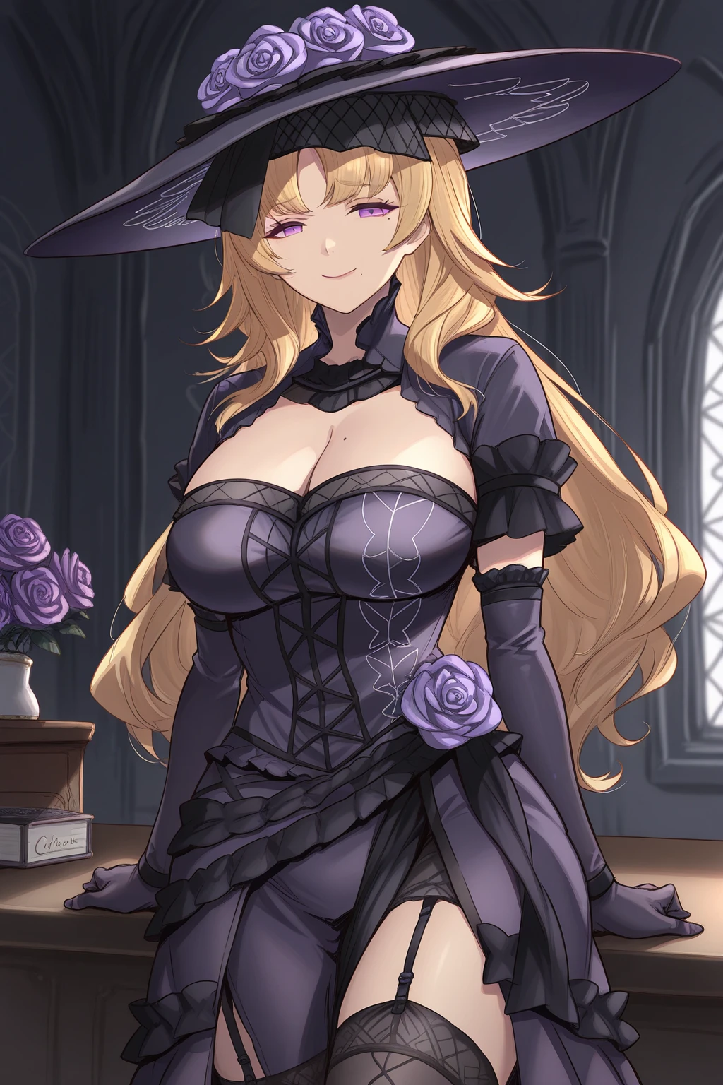 masterpiece, best quality, 1 girl, thin body, pastel colors, blonde hair, extra long hair, curly hair, (perfect face), purple eyes, (perfect face), delicate eyes, Dark purple long turtleneck dress, Glitter dress, Lace cloak, gem, pearl embroidery, Elegant evening, luxury interior, shine, portrait, ((fur shawl)), drinking champagne