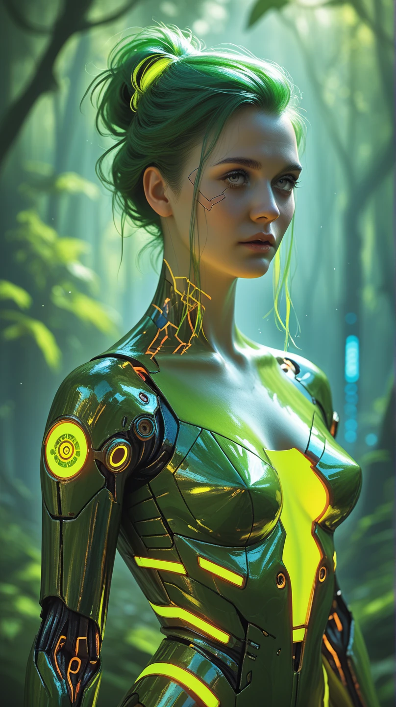 female character, futuristic art, green colors, biotech style, genetic engineering, hybrid creatures, ethical atmosphere