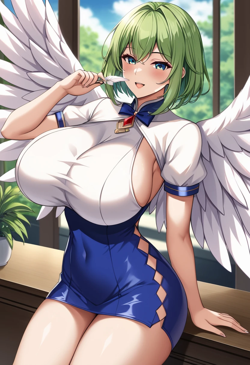 20 year old girl, Angel Girl, Light green wings, chica sexy, green hair, short hair, wide hair, green eyes, short skirt, green skirt, Small strapless blouse, Short blouse up to the abdomen, Blouse sin Olanes, Green long sleeves, Blouse that shows the shoulders, Sin Collar, Shows the navel, green boots, Very big bust, big hips