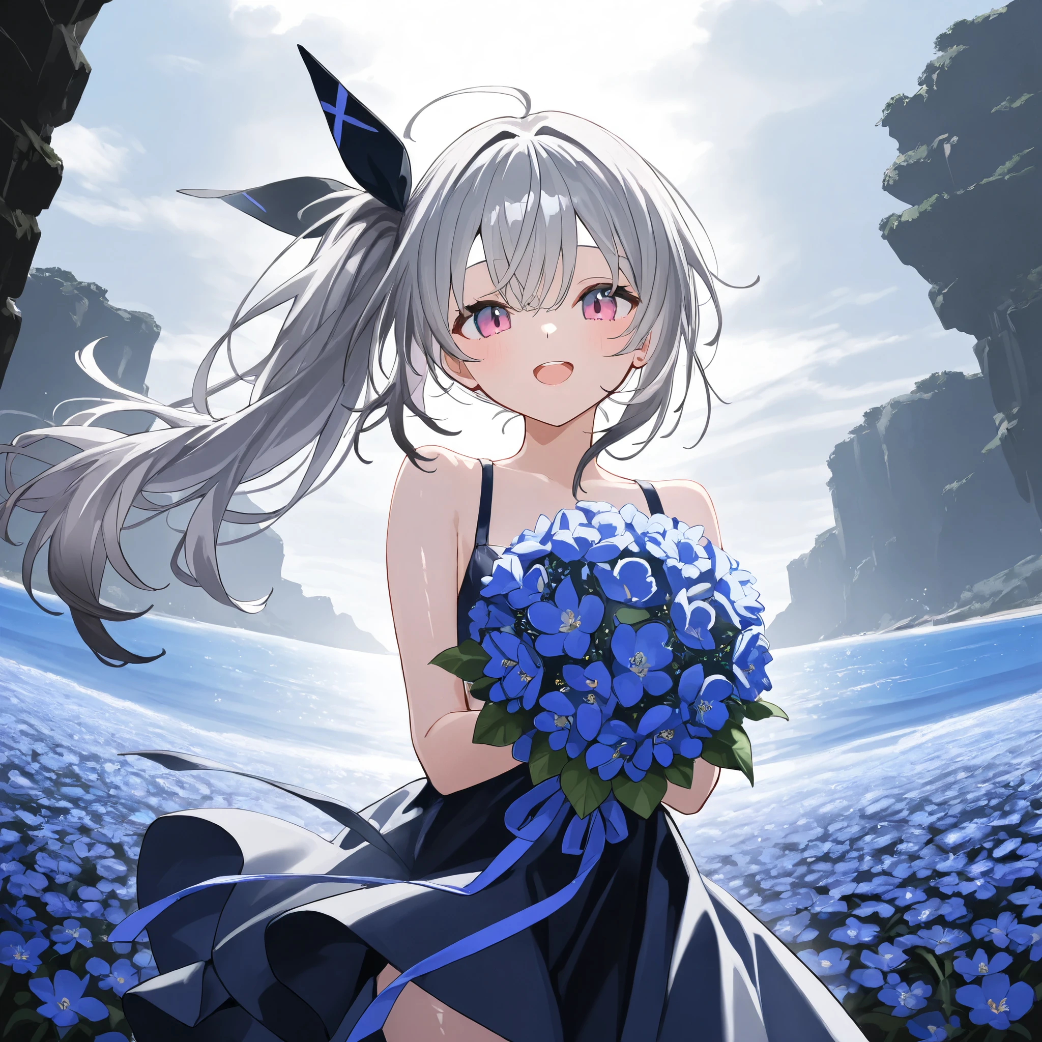 1 Girl, gray hair,Pink blue eyes ,Big , open mouth , outdoor,wind, Game CG,,( masterpiece), (Best Quality), (ultra-fine), very aesthetic, illustration,super fine skin, shiny skin, ( masterpiece), (Best Quality), (ultra-fine), very aesthetic, milk,, REAL LIGHTING , 4K, 8,000,Her hair is tied to the right and tied in a side ponytail,Dark environment,Sea of Flowers,wind衣