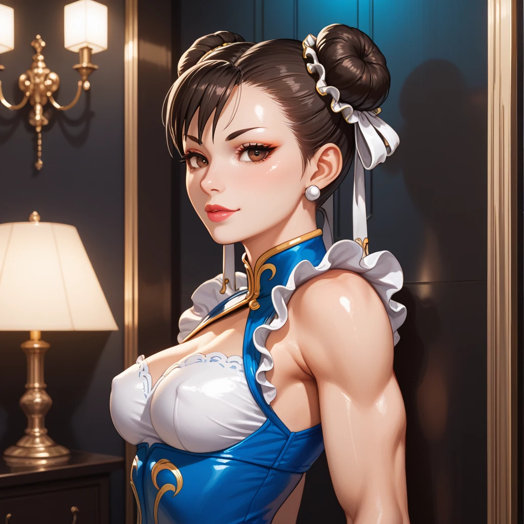 Detailed high quality image of Chun Li red lips blushing tender face firm body perfect breasts Chun Li's iconic dress full body view hands on her waist