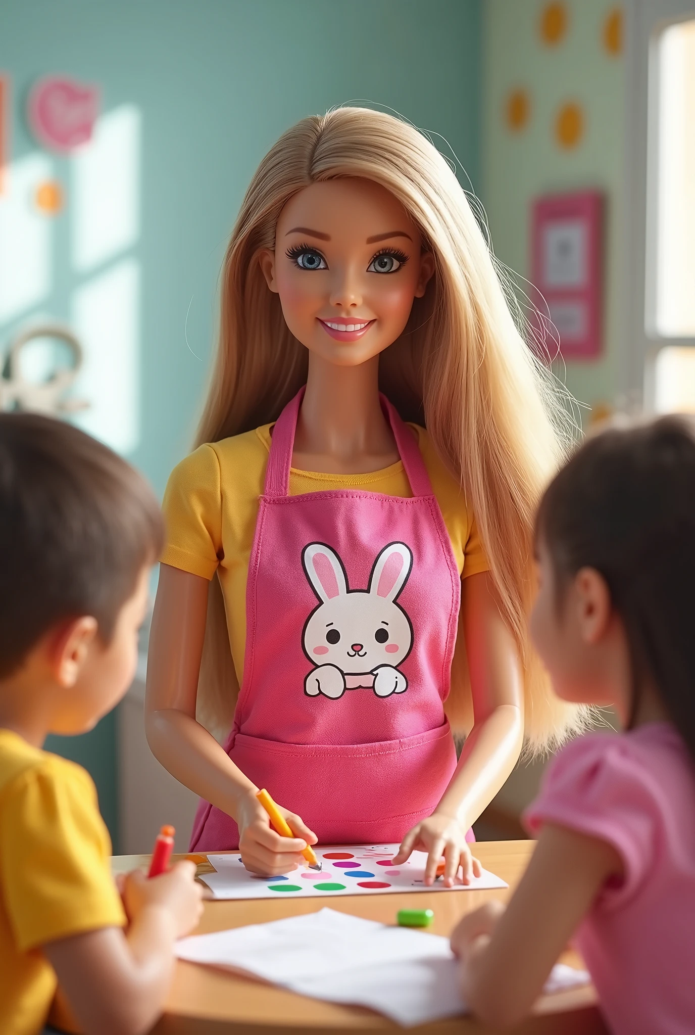 Create a vibrant scene featuring a Barbie doll as a kindergarten teacher. She wears a pink apron adorned with a cute Sanrio-style rabbit illustration. Surround her with cheerful ren engaged in playful activities, capturing a bright and lively atmosphere that embodies the joy of early hood education.