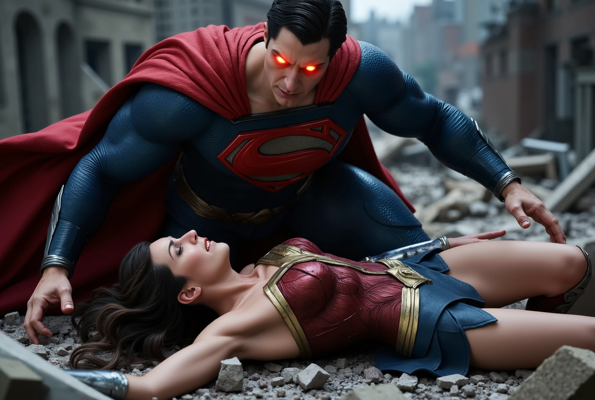 Wonder woman is laying down flat on the ruin, she is attacked by Superman, nervous, painful, eyes close, Superman is bending over her body, his eyes is red, red light on his eyes, whole body visible from head to feet, hyperrealism,
